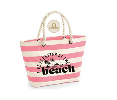 Strandtas Neutraal/roze &lsquo;life is better at the beach&rsquo;