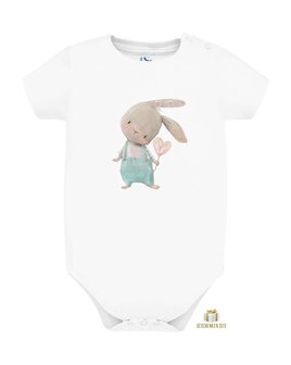 Single Jersey Baby Romper - Schattig Konijntje met Hartjeslolly - Gepersonaliseerd met Naam