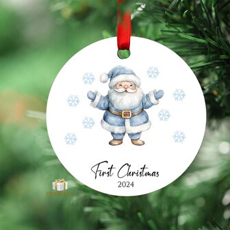 First Christmas 2024 Blue Santa Claus - Round MDF Christmas Ornament