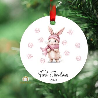 First Christmas 2024 Pink bunny - Round MDF Christmas Ornament