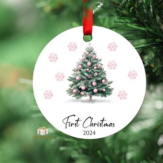 First Christmas 2024 Pink christmas tree - Round MDF Christmas Ornament