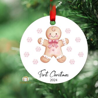 First Christmas 2024 Roze peperkoekenmannetje - Rond MDF Kerstornament