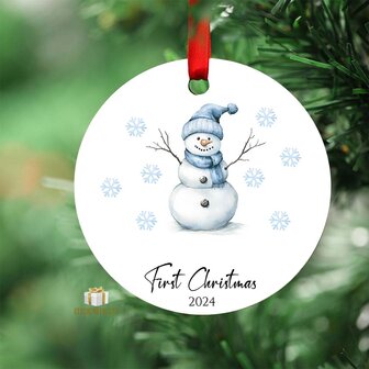 First Christmas 2024 Blue Snowman - Round MDF Christmas Ornament