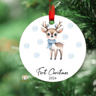 First Christmas 2024 Blue Baby Deer - Round MDF Christmas Ornament