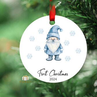 First Christmas 2024 Blue gnome - Round MDF Christmas Ornament