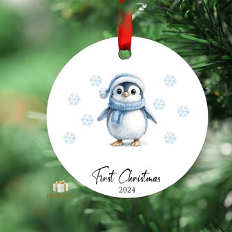 First Christmas 2024 Blue Pingu&iuml;ns - Round MDF Christmas Ornament