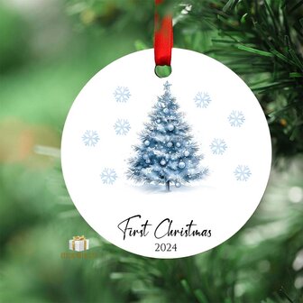 First Christmas 2024 blauwe kerstboom - Rond MDF Kerstornament