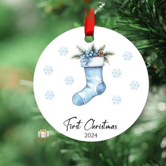 First Christmas 2024 Blue christmas stocking - Round MDF Christmas Ornament