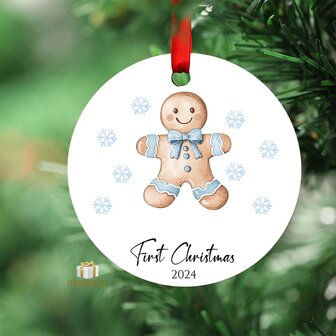 First Christmas 2024 Blue gingerbread man - Round MDF Christmas Ornament