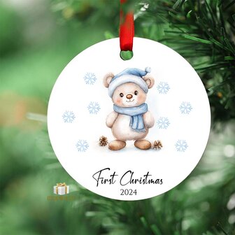 First Christmas 2024 Blue Bear - Round MDF Christmas Ornament