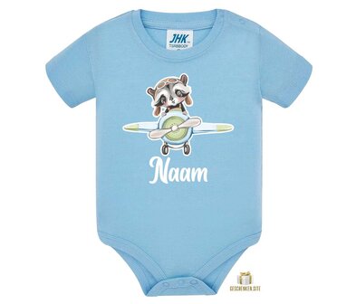 Single Jersey Baby Romper Sky met Opdruk Wasbeer in Vliegtuig 