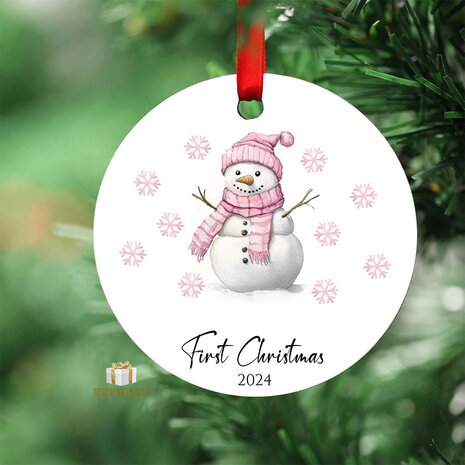 First Christmas 2024 Pink Snowman - Round MDF Christmas Ornament