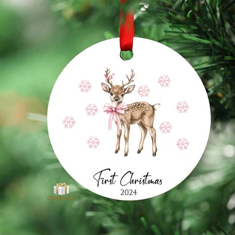 First Christmas 2024 Pink Deer - Round MDF Christmas Ornament