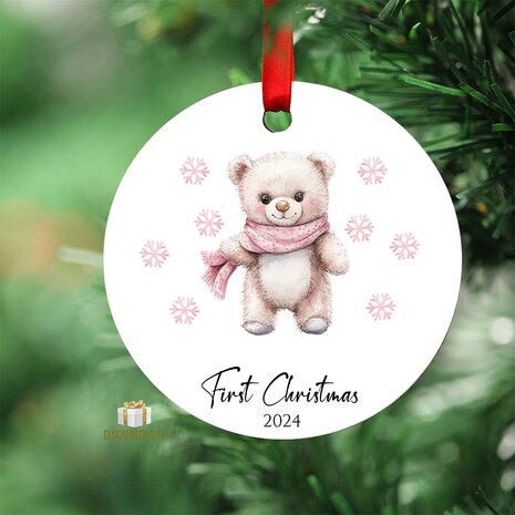 First Christmas 2024 Pink Bear - Round MDF Christmas Ornament