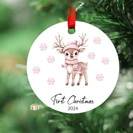 First Christmas 2024 Roze Baby Hert - Rond MDF Kerstornament