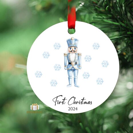 First Christmas 2024 Blue nutcracker - Round MDF Christmas Ornament