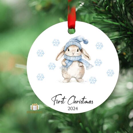 First Christmas 2024 blue bunny - Round MDF Christmas Ornament