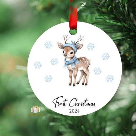 First Christmas 2024 Blue Deer - Round MDF Christmas Ornament