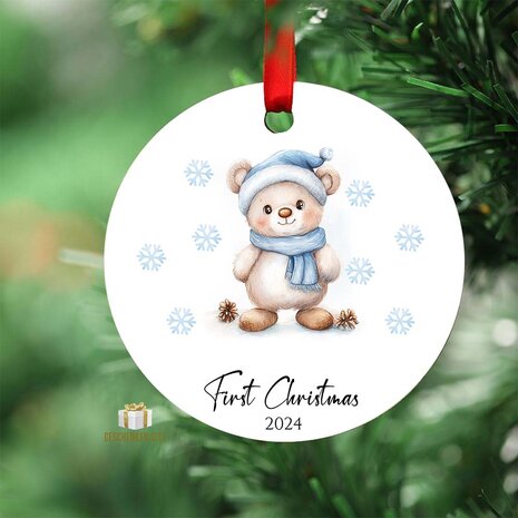 First Christmas 2024 Blauwe Beer - Rond MDF Kerstornament