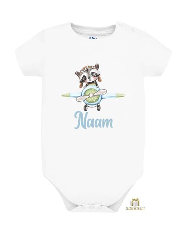 White Baby Romper with Raccoon in Airplane - Personalized