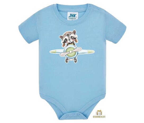 Single Jersey Baby Romper Sky met Opdruk Wasbeer in Vliegtuig 