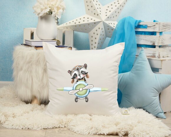 White Pillowcase - Raccoon in Airplane - 40 x 40 cm